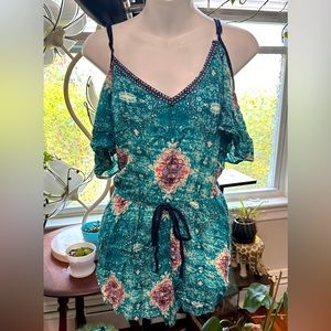 Boho Teal Cold-Shoulder Aztec Romper